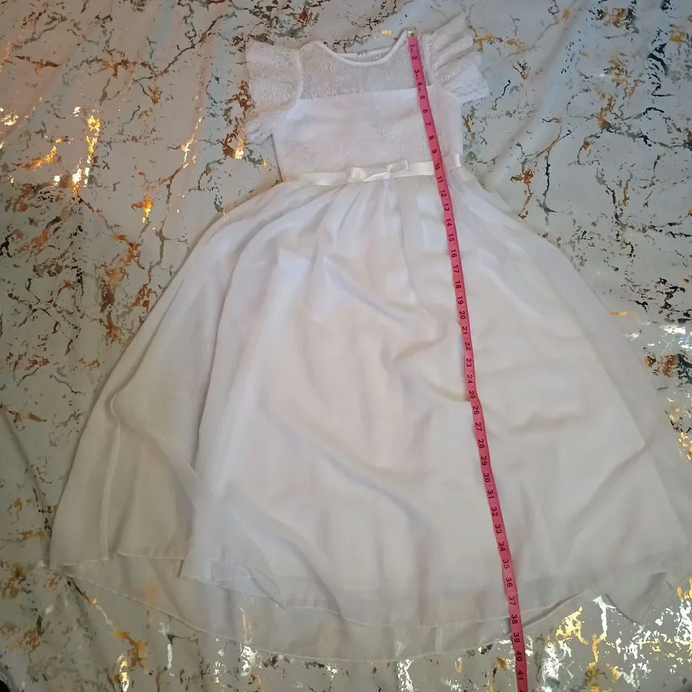 White Flower Girl Polyester Dress size age 6-7Y Zipper back